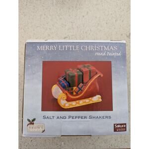 Vintage Merry Little Christmas Sleigh Presents Salt & Pepper Shaker Holiday Set